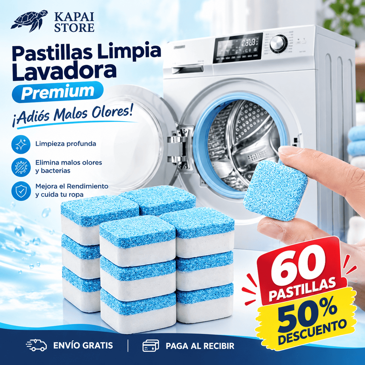 Pastillas Limpia Lavadora Premium 💧Adiós Malos Olores! 60 Unid.